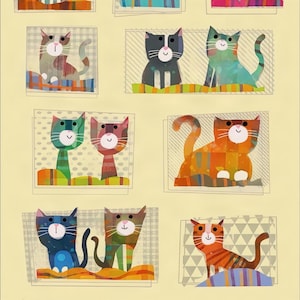 Peut inclure: Une collection d'illustrations de chats stylisés disposées en grille sur un fond jaune clair. Les chats présentent diverses couleurs dont l'orange, le bleu, le vert et le gris, avec des motifs géométriques et des textures dans des cadres.