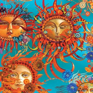 Puede incluir: Una ilustración colorida de tres soles con caras humanas. Los soles están rodeados de flores y mariposas. El fondo es de un azul turquesa vibrante.