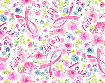 Baumwolle PINK RIBBON Glaube Liebe Hoffnung, Brustkrebs, Blumen, Rosen, Patchworkstoff, Stoff, 0,50m