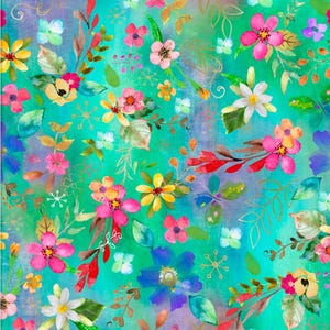 Könnte beinhalten: Ein lebendiges Blumenmuster mit einer Vielzahl farbenfroher Blüten in Rosa, Gelb, Rot und Blau, vor einem türkis- und türkisfarbenen Hintergrund. Das Design umfasst Blätter und Schmetterlingsakzente und erzeugt eine lebendige und künstlerische Komposition.