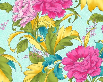 Cotton fabric carnations flowers flowers, tendrils, aqua, sewing, fabrics, 0.50 m