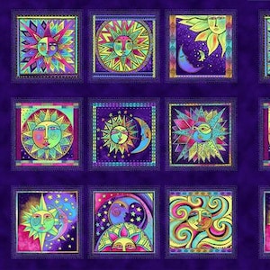 Puede incluir: Una tela morada con un patrón repetido de diseños coloridos de sol y luna. Cada diseño está enmarcado con un borde decorativo.