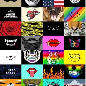 Può includere: Un collage di 20 diversi design di maschere facciali colorate e divertenti. I design includono un teschio, una tigre, una farfalla, un gatto, un cane, un baffo, una bocca con cerniera, un cuore, un arcobaleno, un fuoco, uno squalo, un dinosauro e altro ancora. Il testo "Se riesci a leggere questo, sei troppo vicino." e "Sto davvero sorridendo" sono inclusi nel collage.