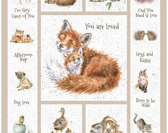 Cotton fox panel rabbit, hedgehog, pug, dog, duckling, fawn, cat, 0.90 m, "LOVE IS ...", sewing, patchwork fabric, fabric