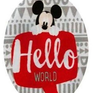 Könnte beinhalten: Eine rote und weiße Sprechblase mit dem Text "Hello World" und einem Cartoon-Bild von Mickey Mouse, der über den Rand schaut.