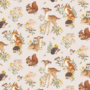 May include: A repeating pattern featuring woodland animals and floral elements. The design includes deer, foxes, squirrels, rabbits, hedgehogs, and birds, interspersed with yellow flowers and green foliage on a light beige background.