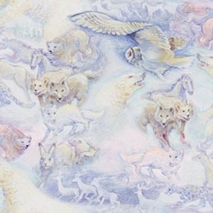 Pode incluir: Uma pintura em aquarela com uma cena de neve com vários animais árticos. A imagem inclui lobos, corujas, ursos polares, coelhos e outros animais em tons de branco, creme e rosa pálido.
