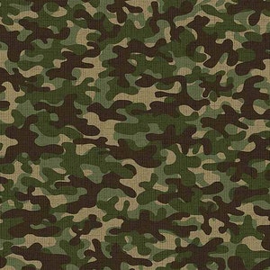 Può includere: Un motivo di mimetica senza cuciture in tonalità di marrone, verde e beige. Il motivo è composto da forme e linee irregolari, creando un effetto mimetico realistico.