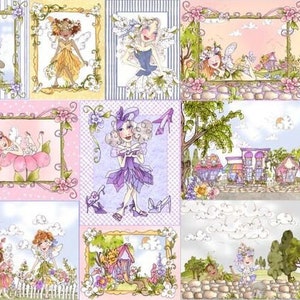 Könnte beinhalten: Ein farbenfroher Patchwork-Stoff mit einem verspielten Feen-Motiv. Der Stoff zeigt Feen mit Flügeln, Blumen und Häusern in verschiedenen Farben, darunter Rosa, Lila, Blau und Grün.