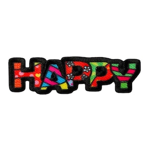 May include: A colorful fabric patch with the word "HAPPY" in black outlined letters. Each letter is filled with a different colorful pattern.