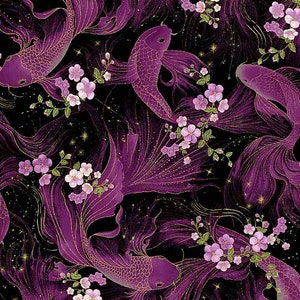 Coton KOI et FLEUR DE CERISIER JAPONAIS couture, métallisé, fleurs de cerisier, fleurs, fleurs, carpe, jardin japonais, tissu, 0,50 m