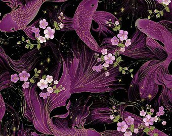 Cotton KOI and JAPANESE CHERRY BLOSSOM sewing, metallic, cherry blossoms, flowers, blossoms, carp, Japanese garden, fabric, 0.50 m