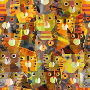 Pode incluir: Um padrão colorido de gatos geométricos em tons de laranja, marrom, amarelo e cinza. Os gatos estão dispostos em um padrão repetitivo, criando um design caprichoso e divertido.
