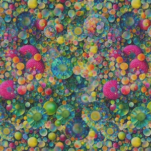 Könnte beinhalten: Ein lebendiges, abstraktes Muster mit einer dichten Anordnung farbenfroher, kugelförmiger Formen. Das Design integriert eine Vielzahl von Größen und Farbtönen, darunter Rosa, Gelb, Blau und Grün, wodurch eine visuell komplexe und dynamische Komposition entsteht.
