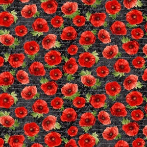 May include: A fabric pattern featuring vibrant red poppy flowers with green leaves scattered across a dark gray background that is covered in a repeating, cursive white script text pattern.