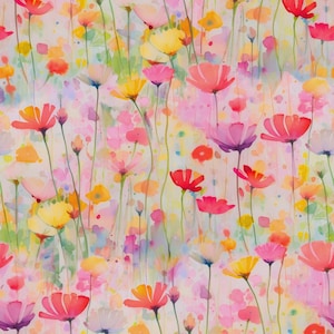 Puede incluir: Un patrón continuo que presenta una ilustración en acuarela de flores silvestres en tonos rosa, amarillo, naranja y rojo. El diseño muestra varias formas de flores delicadas sobre tallos verdes finos contra un fondo claro y suave.
