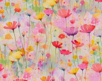 Op de afbeelding: Een naadloos patroon met een aquarelillustratie van wilde bloemen in tinten roze, geel, oranje en rood. Het ontwerp toont diverse delicate bloemvormen op dunne groene stelen tegen een zachte, lichtgekleurde achtergrond.