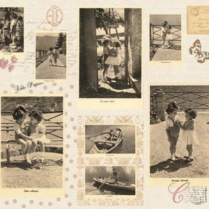 Peut inclure: Un collage de cartes postales vintage avec des photos en noir et blanc d'enfants. Les cartes postales sont disposées sur un fond beige avec des pois marrons. Le texte sur les cartes postales comprend "Carte Postale", "Le prime baie", "Sogni d'oro", et "Le colline affettuose".