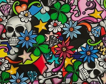Algodón CALAVERA CALAVERA Calaveras, calaveras, flores, estrellas, grafiti, corazón, trébol de cuatro hojas, estrellas, Alexander Henry, costura, tejido, tela, 0,50 m
