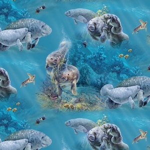 Cotton manatees, gentle giants, corals and fish, turtles, sea, maritime, cotton fabric, patchwork fabric, 0.50 m