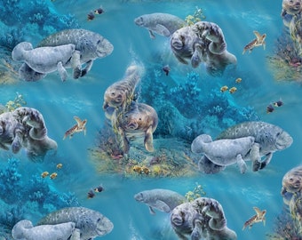 Cotton manatees gentle giants, corals and fish, turtles, sea, maritime, cotton fabric, patchwork fabric, 0.50 m