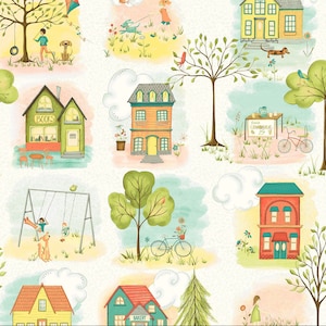 Può includere: Un'illustrazione colorata di una piccola città con case, alberi, un'altalena, un chiosco di limonata, una panetteria, una libreria e una bicicletta. L'illustrazione è realizzata in uno stile fantasioso con colori vivaci e dettagli giocosi.