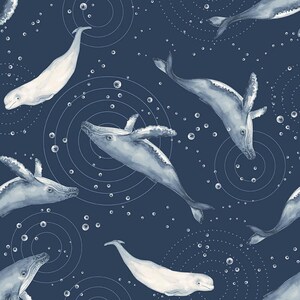 May include: A repeating pattern of whales in shades of white and blue against a dark blue background. The whales are depicted in various poses, some with fins extended, others with their bodies curved. Bubbles and concentric circles add to the underwater theme.
