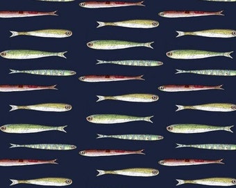 Cotton fabric with a nautical fish design in navy – Quilting Treasures, Nautical Sea Ocean, Patchwork fabric by the meter for sewing, 0.5 m