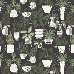 Può includere: Uno sfondo nero con un motivo ripetitivo di diverse piante da interno in vaso. Le piante sono illustrate in uno stile grafico semplice con i nomi di ogni pianta scritti sotto il vaso. Le piante includono una pianta serpente, una pianta di gomma, una pianta ombrello, una pianta di preghiera, un ficus lyrata, un pothos, una pianta ragno, una palma da salotto e una alocasia.