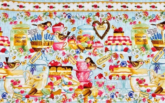 Baumwollstoff Porzellan Gebäck Kuchen Macarons backen Blumen Vögel