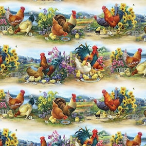 May include: A colorful illustration of a barnyard scene with roosters, hens, and chicks. The roosters are red, orange, and yellow with long, flowing tails. The hens are brown and white with shorter tails. The chicks are yellow and fluffy. The background is a green field with a blue sky and white clouds.