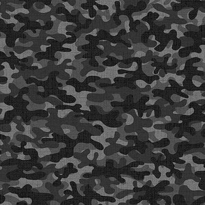 Op de afbeelding: Een naadloos patroon van zwart, grijs en wit camouflage. Het patroon bestaat uit onregelmatige vormen en lijnen, waardoor een realistisch camouflage-effect ontstaat.