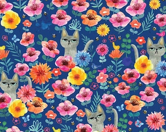 Cotton cats not amused, grumpy, flowers, blossoms, birds, bees, cat fabric, sewing, woven fabric, patchwork fabric, fabric, 0.50 m