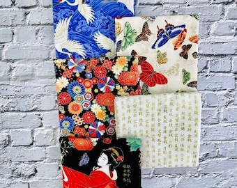 Fat Quarter Bundle GEISHA, 50 x 55 cm each - 5 ST., floral, butterflies, METALLIC, fabric package, cotton, patchwork fabric