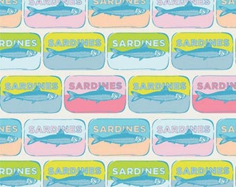Tela de algodón latas de sardinas – Costeira Mar de Sardinhas popelín patchwork por metros, COS87307, Art Gallery Fabrics, 0,5 m