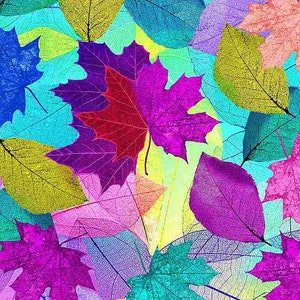 Könnte beinhalten: Ein farbenfrohes abstraktes Design mit überlappenden Blättern in verschiedenen Blautönen, Grün-, Gelb-, Rosa-, Lila- und Rottönen. Die Blätter sind durchscheinend und haben ein zartes, adernartiges Muster.