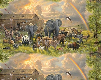 Baumwolle ARCHE NOAH, Tiere, Regenbogen, Schiff, Bibel, Löwe, Elefant, Vögel, Schafe, Giraffen, Panda, Patchworkstoff, Stoff, 0,50m