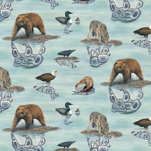 Könnte beinhalten: Ein sich wiederholendes Muster mit verschiedenen nordamerikanischen Wildtieren, darunter Bären, Wölfe, Adler und Otter, vor einem hellblauen Wasserhintergrund. Das Design integriert stilisierte Stammeskunst-Elemente und Reflexionen.