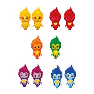 Könnte beinhalten: Satz von zehn bunten Comicfiguren mit flauschigem Haar und einem herzförmigen Edelstein auf der Brust. Die Figuren sind in Paaren in Rot, Orange, Gelb, Grün und Blau.