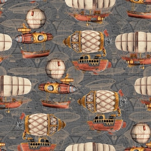 Bomullstyg Steampunk luftskepp Zeppelin – Lapptäckstyg Blankt quiltning Tidsresequiltning Väsktyg Dekoration Sömnad Säljs per meter 0,5 m