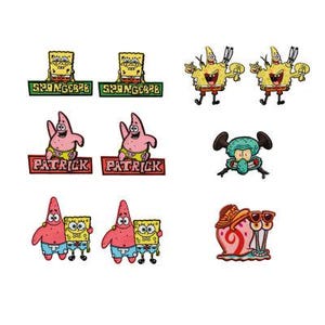 May include: A selection of vibrant cartoon character patches, including SpongeBob SquarePants, Patrick Star, Squidward Tentacles, and Gary the Snail. Each patch displays a distinct design and text, such as "SPONGEBOB" and "PATRICK".