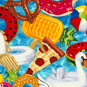 May include: A colorful fabric print featuring various inflatable pool floats, including a pretzel, a donut, a pineapple, a watermelon, a pizza slice, and a swan. The background is a blue and white water pattern.