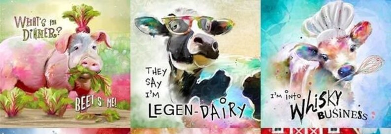 Kuh mit Brille und Schriftzug They say I’m legen-dairy – humorvolles Digitaldruckmotiv im Patchworkstil.