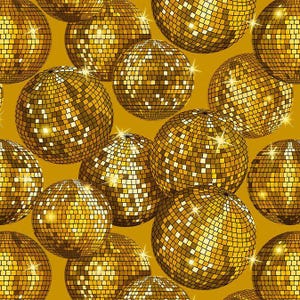 May include: A seamless pattern of gold disco balls with a mirrored surface. The balls are arranged in a repeating pattern on a yellow background.