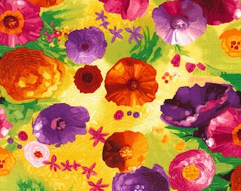 Potpourri di fiori di cotone, fiori, SUMMER FEELING, ranuncoli, rose, papaveri, tessuto patchwork, tessuto, 0,50 m