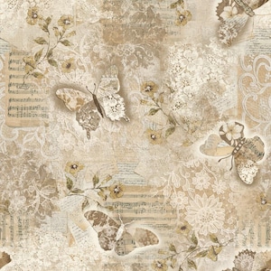 Può includere: Un collage in stile vintage con farfalle, motivi floreali e spartiti musicali. Il design incorpora motivi in pizzo e texture di carta invecchiata nei toni del beige, marrone e crema, creando un'estetica romantica e nostalgica.