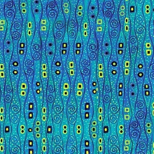 Könnte beinhalten: Abstraktes Muster mit blauen, grünen, gelben und schwarzen Spiralen, Punkten und Quadraten auf blauem Hintergrund.