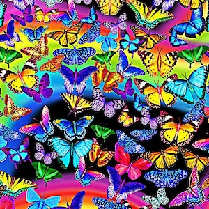 Cotton BUTTERFLIES Butterfly sewing, Butterflies, Rainbow colors, Brimstone, Swallowtail, Cabbage white, Fabric, 0.50 m