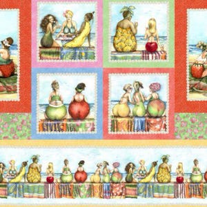 Baumwollstoff „Fruit Ladies“ – Strandschönheiten & Badenixen, Früchtchen und Frauen, farbenfrohes Panel mit Borte, Patchworkstoff zum Nähen