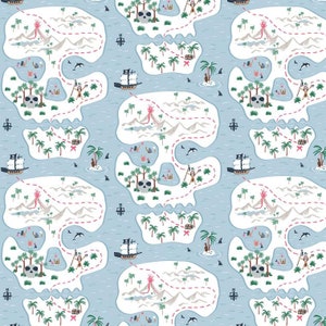 Coton ÎLE PIRATE, carte au trésor, île au trésor, pirate, bateau pirate, trésor, carte, capitaine, crâne, île, couture, tissu, 0,50 m